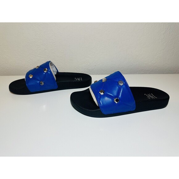 INC International Concepts Peymin Cobalt Quilted Studded Slides Sandals SIZE 8 - Picture 2 of 8